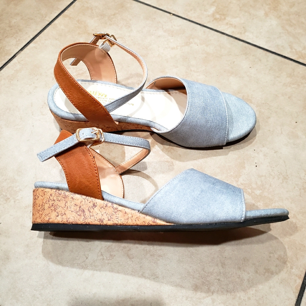 NWT Blue Open-toe Wedge Heels with Ankle Strap